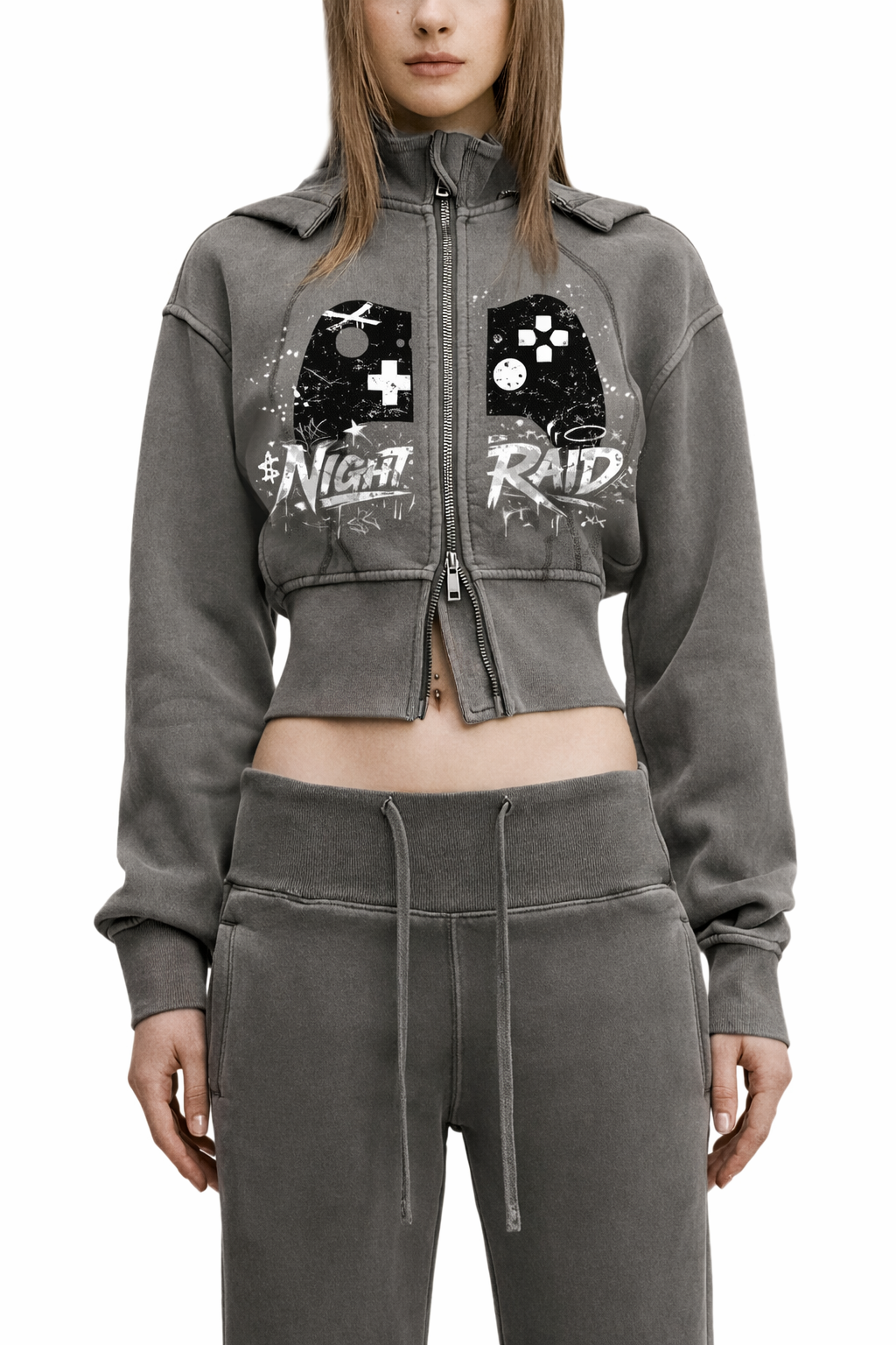 Gamer Girl Cropped Zip Up Hoodie with Angel Wings Acid Wash