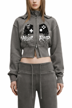 Gamer Girl Cropped Zip Up Hoodie with Angel Wings Acid Wash
