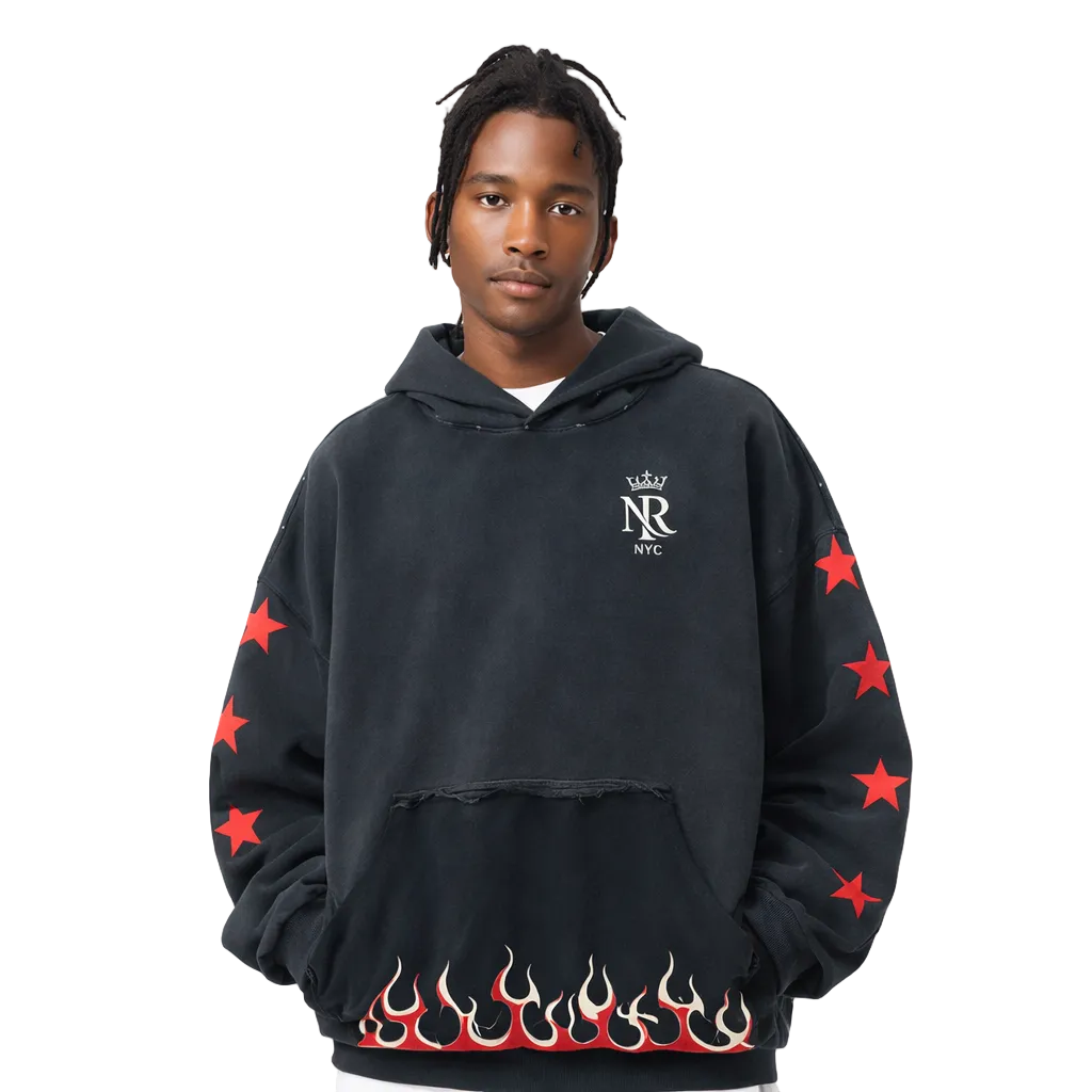 NightRaid “Inferno Stars” Reverse Pocket Design Distressed Hoodie