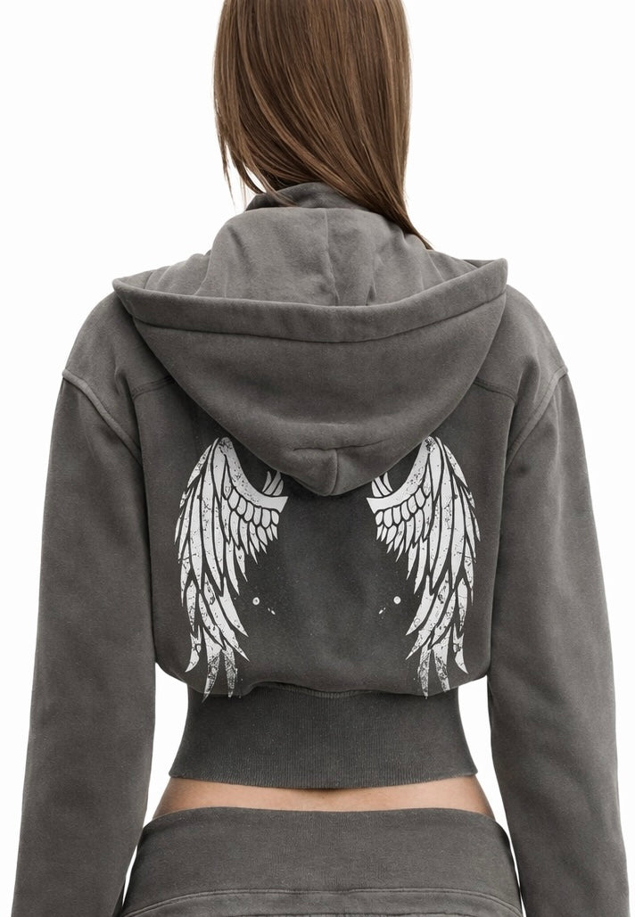 Gamer Girl Cropped Zip Up Hoodie with Angel Wings Acid Wash