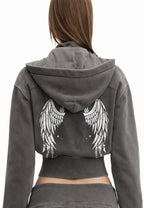 Gamer Girl Cropped Zip Up Hoodie with Angel Wings Acid Wash