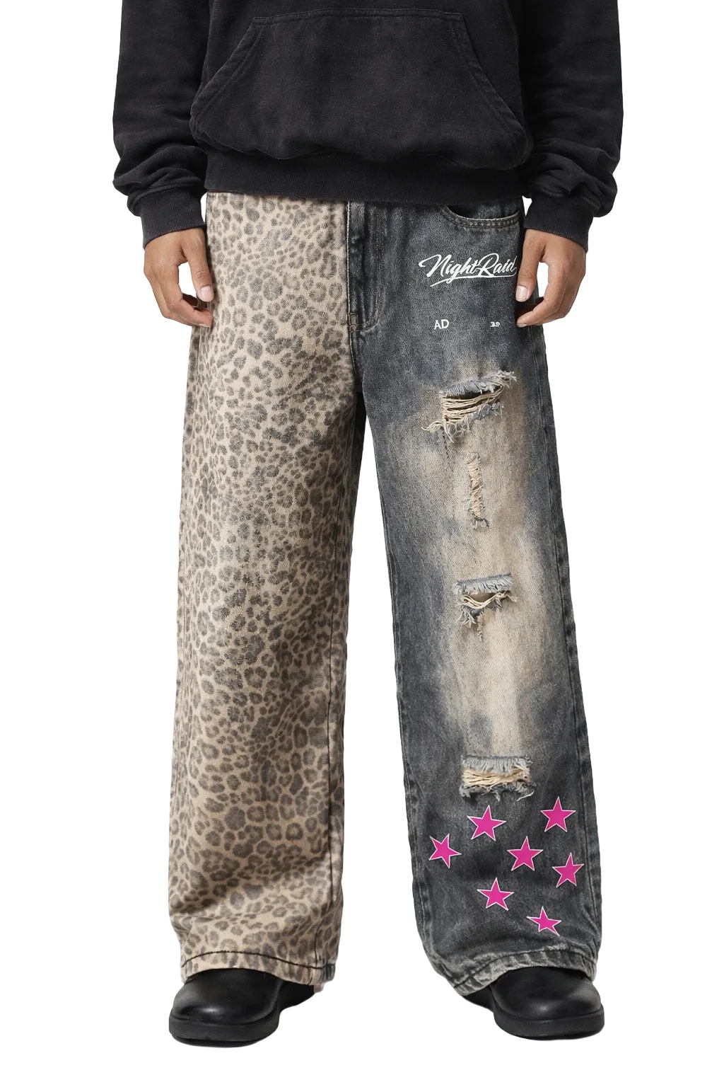 NightRaid “Split Instinct” Unisex Distressed Wide Leg Denim