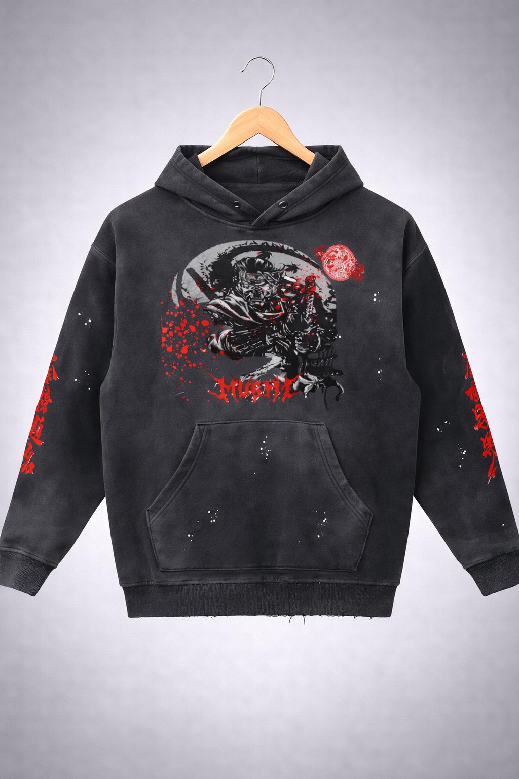 Dark Aesthetic Samurai Graphic Pullover Acid Wash