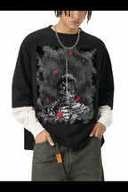 Samurai Graphic Layered Contrast Sleeve T-Shirt