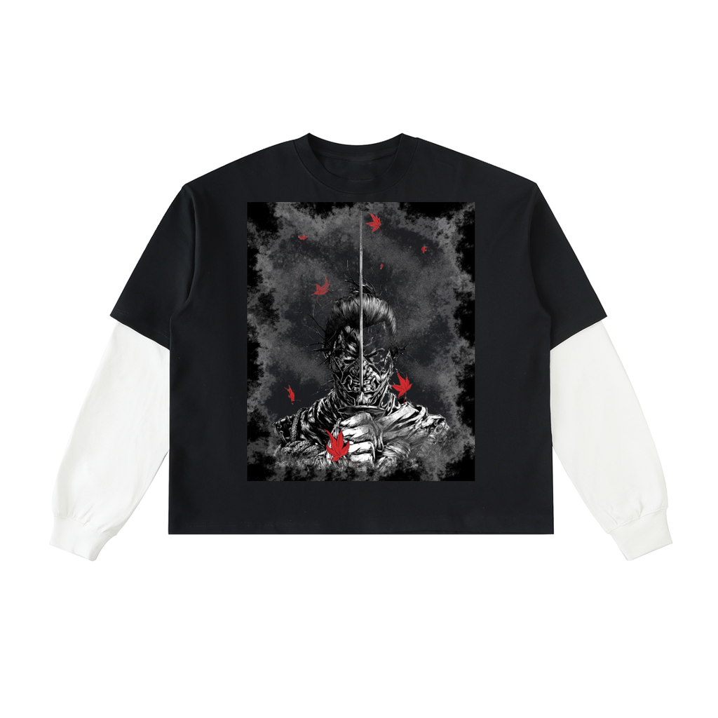Samurai Graphic Layered Contrast Sleeve T-Shirt