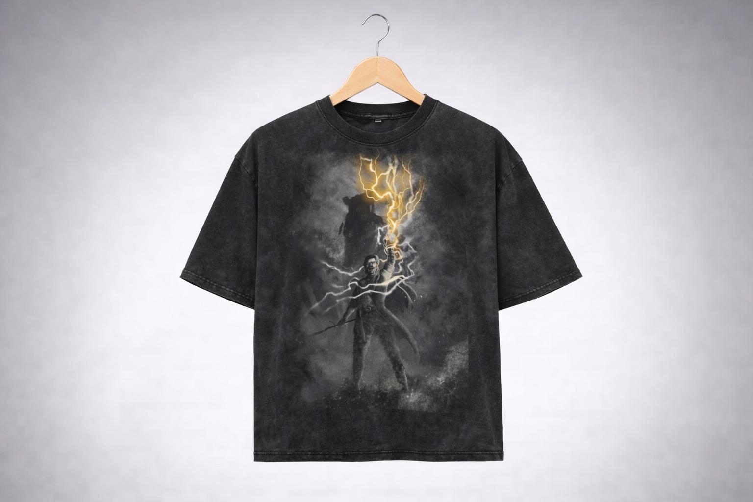 Lighting Warrior Acid Wash Black Oversized Dark Fantasy Aesthetic Tee