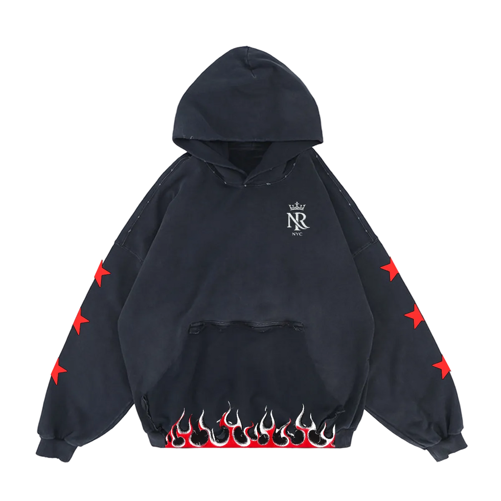 NightRaid “Inferno Stars” Reverse Pocket Design Distressed Hoodie