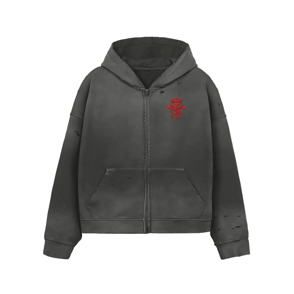NightRaid “Crimson Monarch” Vintage Distressed Zip Hoodie