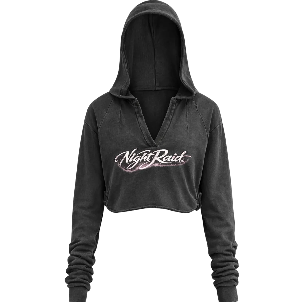 NightRaid “Nocturne Script” Vintage Washed Cropped Hoodie
