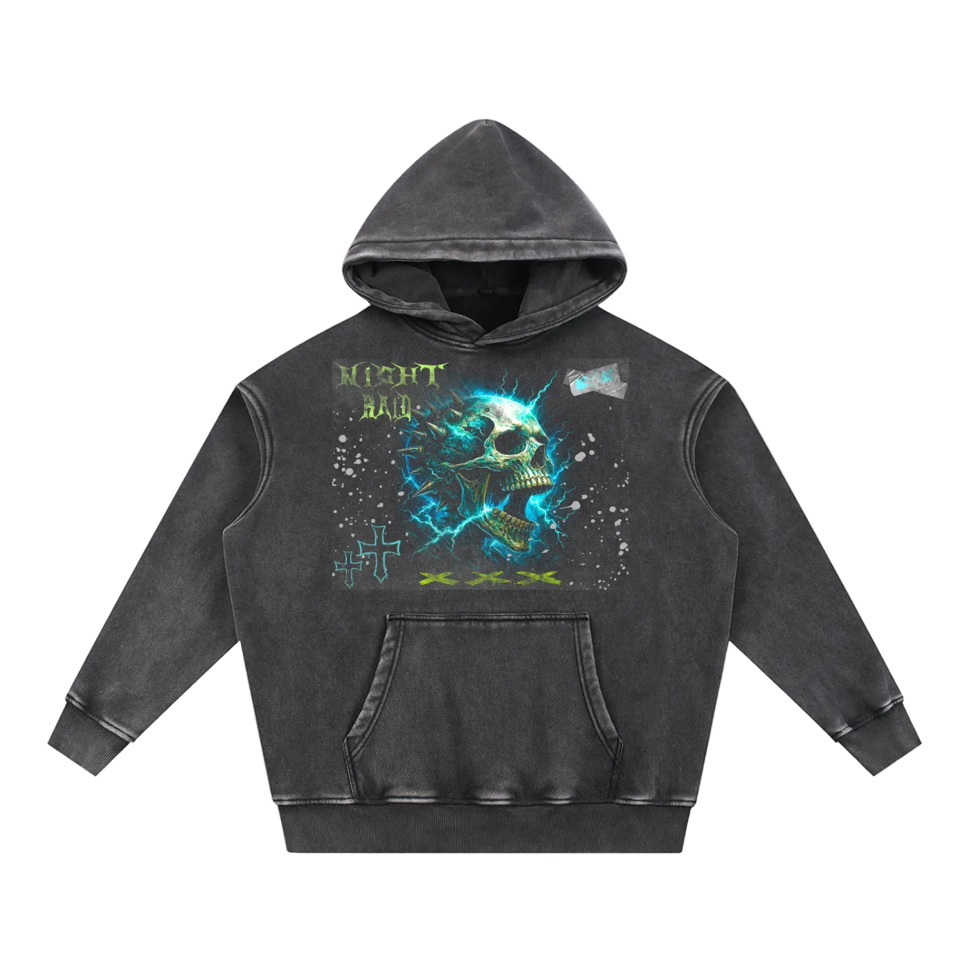 Oversized Wash Hoodie – Skull Graphic Distressed Pullover