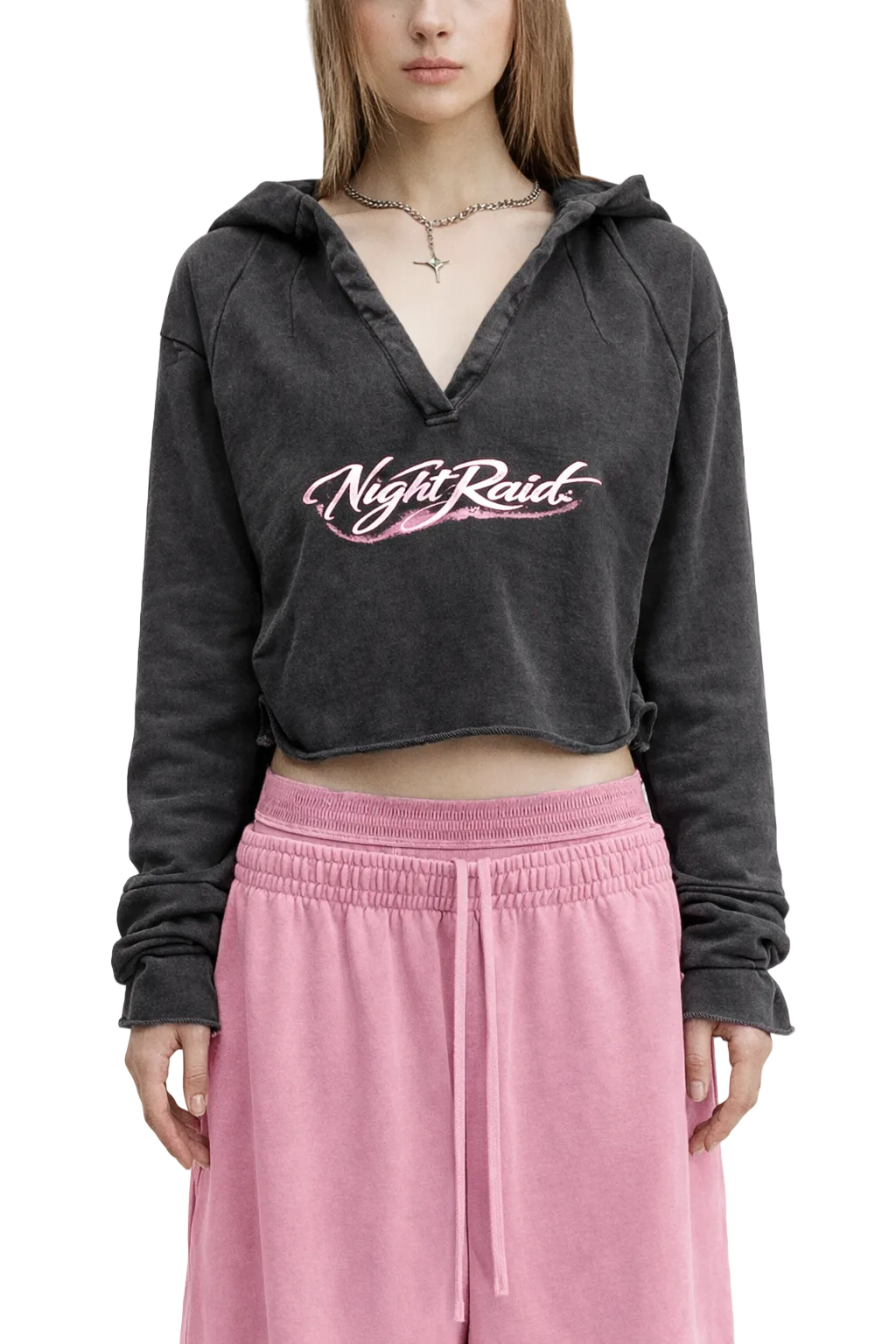 NightRaid “Nocturne Script” Vintage Washed Cropped Hoodie