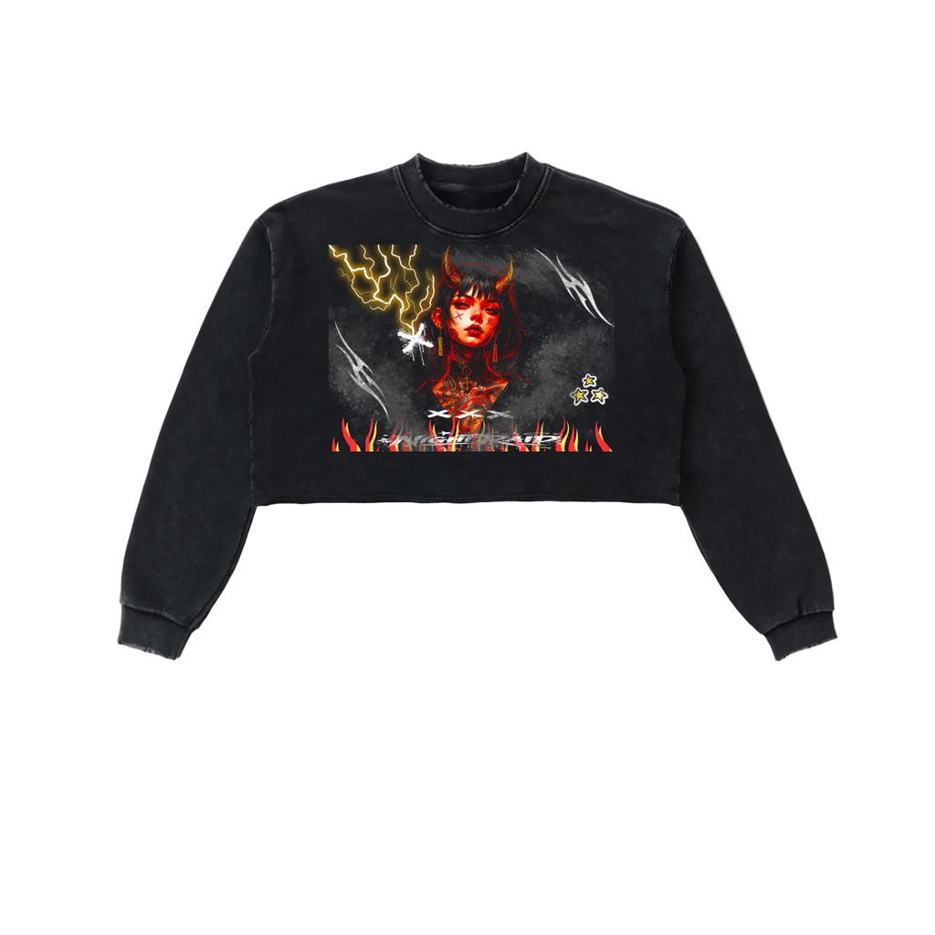 Snow Washed Graphic Raw Edge Cropped Sweatshirt