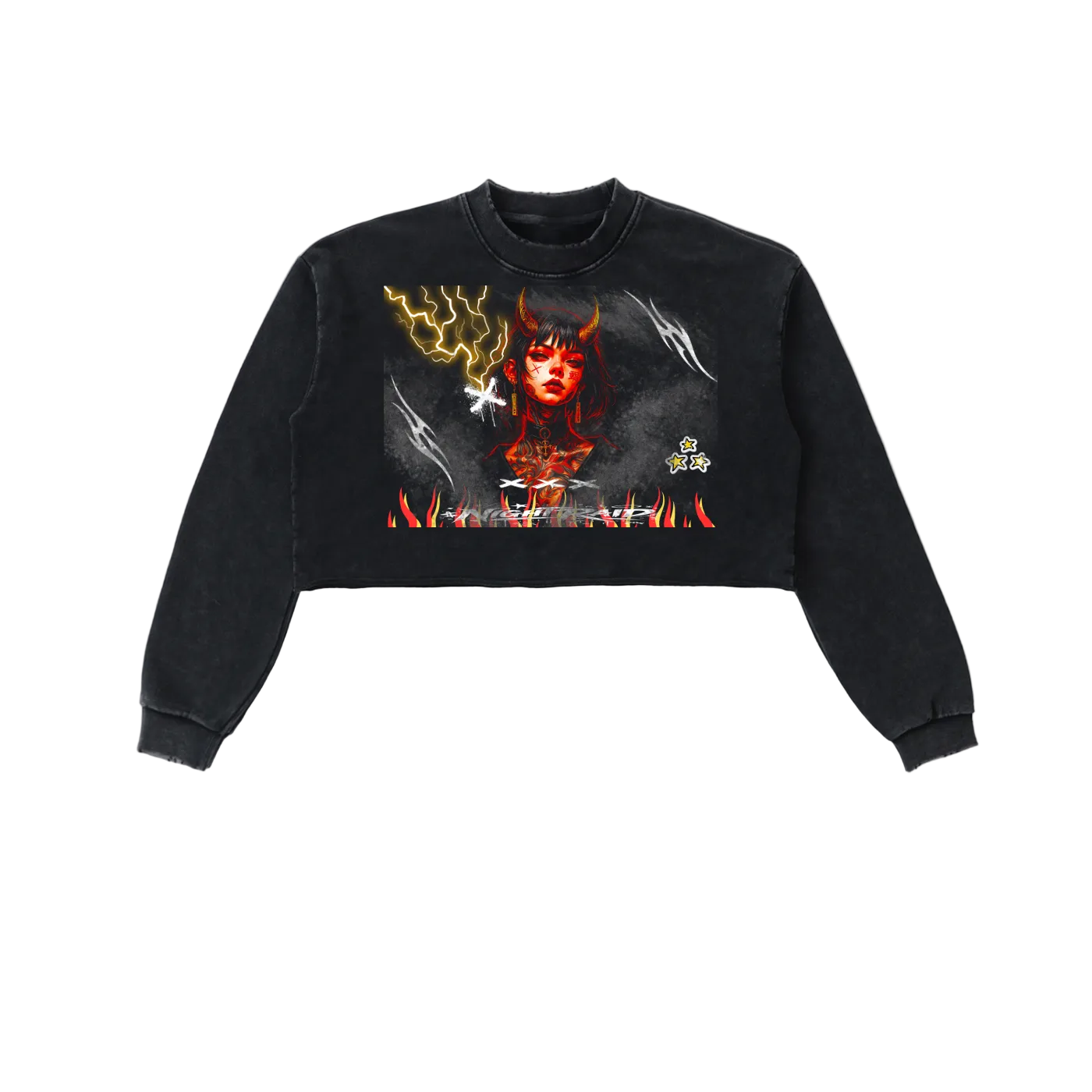 Snow Washed Graphic Raw Edge Cropped Sweatshirt