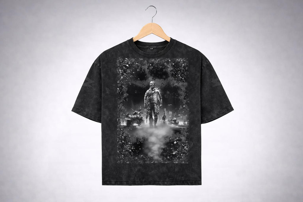 Tactical Soldier Graphic T-Shirt, Black Acid Wash Military Aesthetic