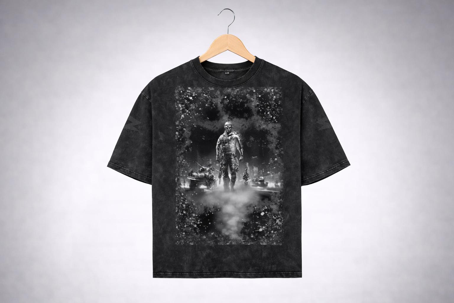 Tactical Soldier Graphic T-Shirt, Black Acid Wash Military Aesthetic