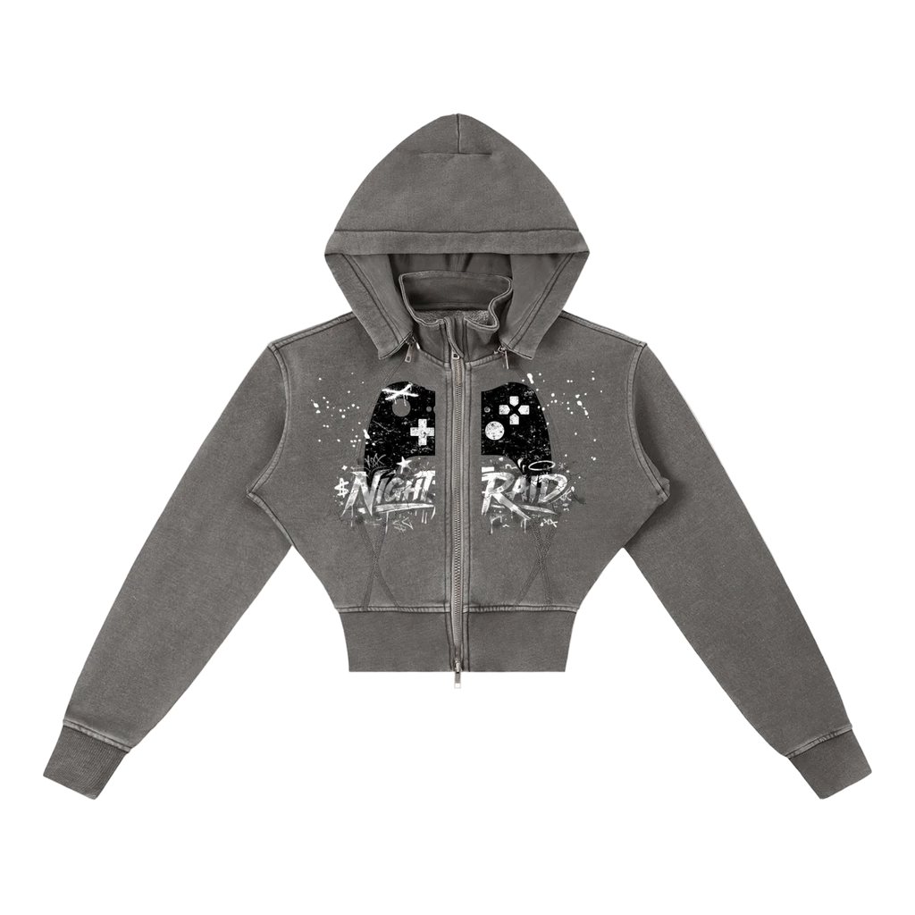 Gamer Girl Cropped Zip Up Hoodie with Angel Wings Acid Wash