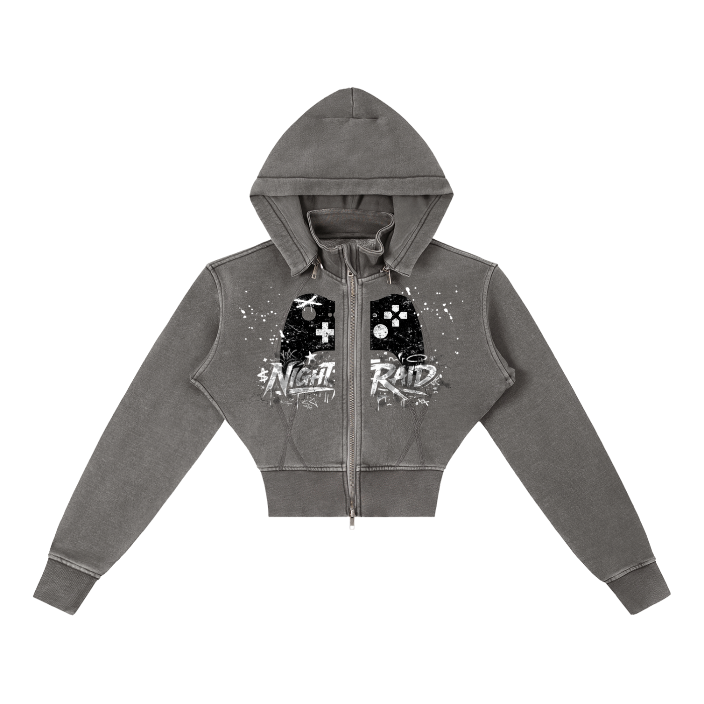 Gamer Girl Cropped Zip Up Hoodie with Angel Wings Acid Wash