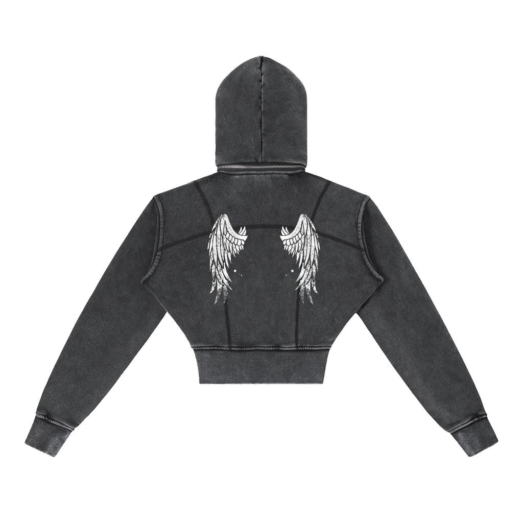 Gamer Girl Cropped Zip Up Hoodie with Angel Wings Acid Wash