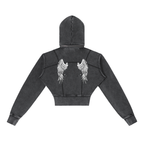 Gamer Girl Cropped Zip Up Hoodie with Angel Wings Acid Wash