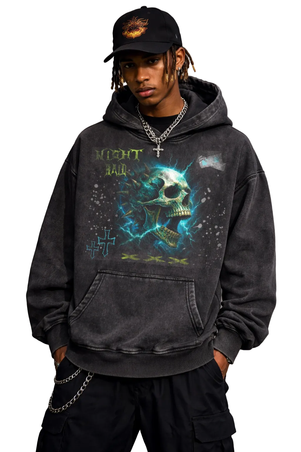 Oversized Wash Hoodie – Skull Graphic Distressed Pullover