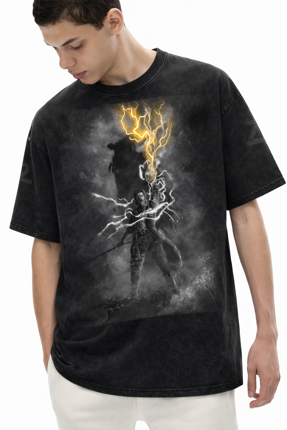 Lighting Warrior Acid Wash Black Oversized Dark Fantasy Aesthetic Tee
