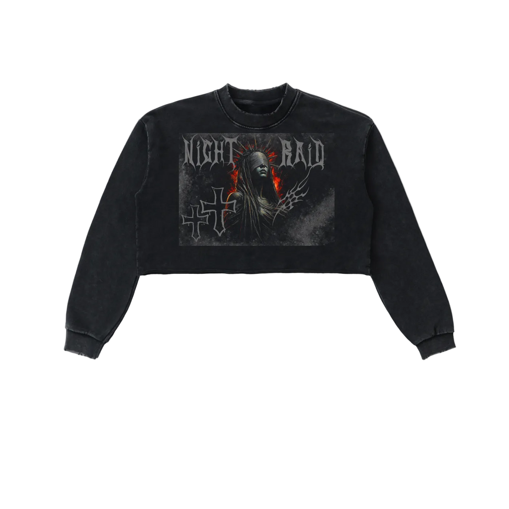 Snow Washed Graphic Raw Edge Cropped Sweatshirt