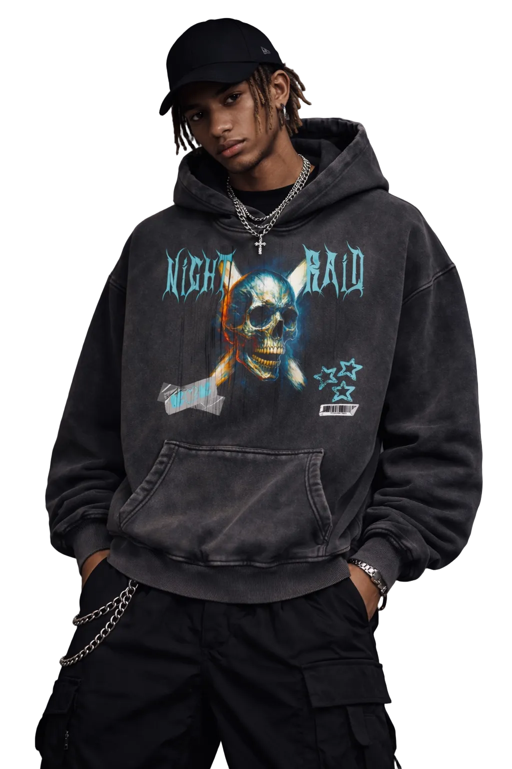 Oversized Wash Hoodie – Skull Graphic Distressed Pullover