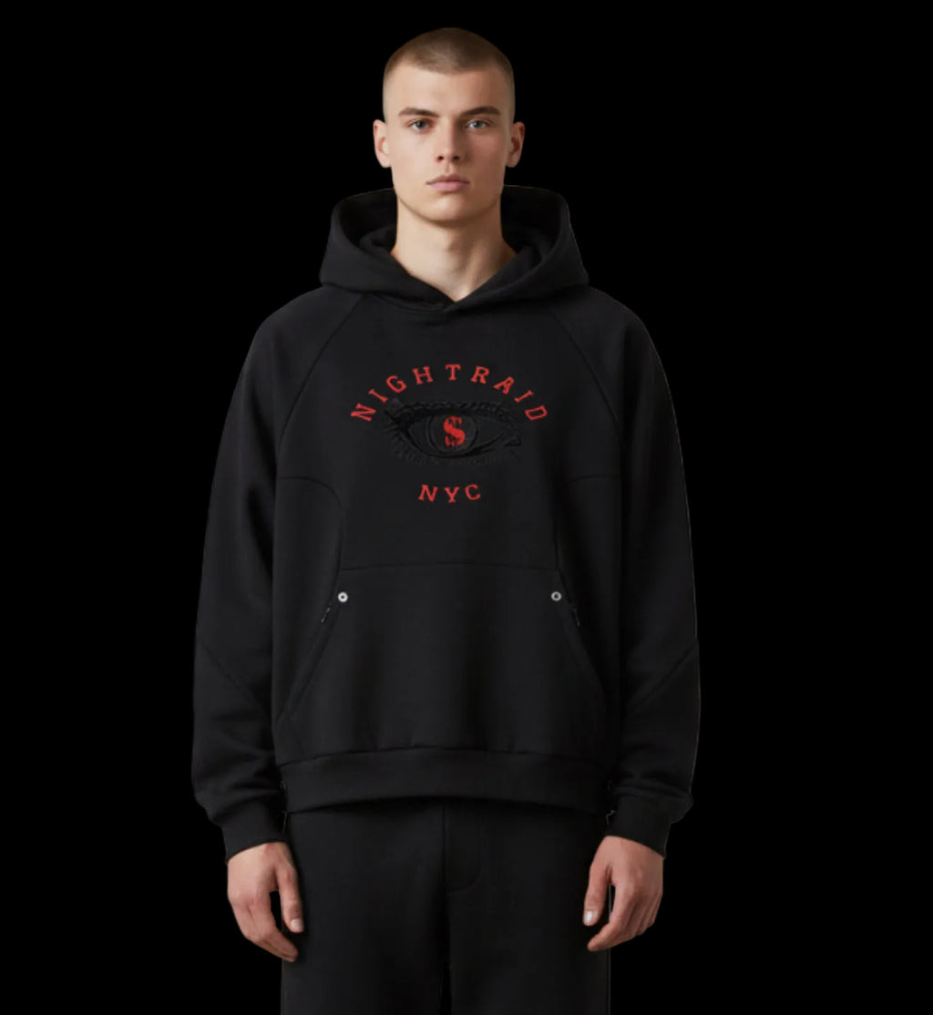 NightRaid “Red Vision” Architectural Curved Panel Raglan Hoodie