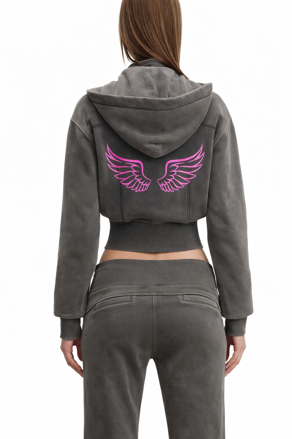 Gamer Girl Cropped Zip Up Hoodie Acid Wash with Pink Angel Wings