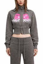 Gamer Girl Cropped Zip Up Hoodie Acid Wash with Pink Angel Wings