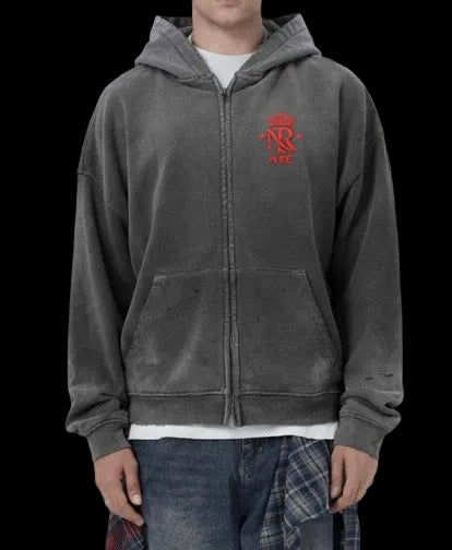 NightRaid “Crimson Monarch” Vintage Distressed Zip Hoodie