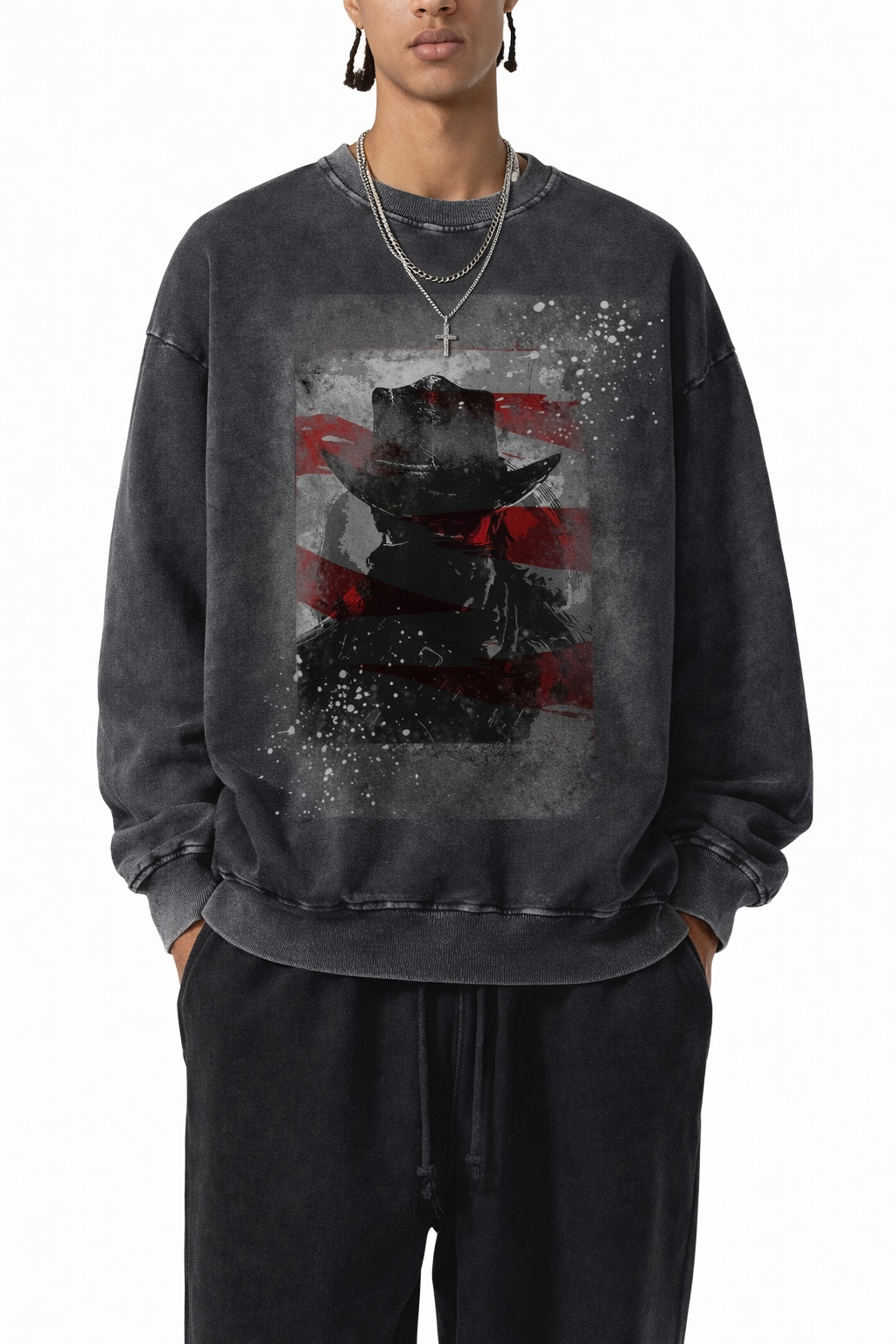 Dark Western Graphic Sweatshirt Crewneck,Vintage Washed