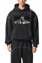 Contrast-Stitched Boxy Military Graphic Fleeced Hoodie