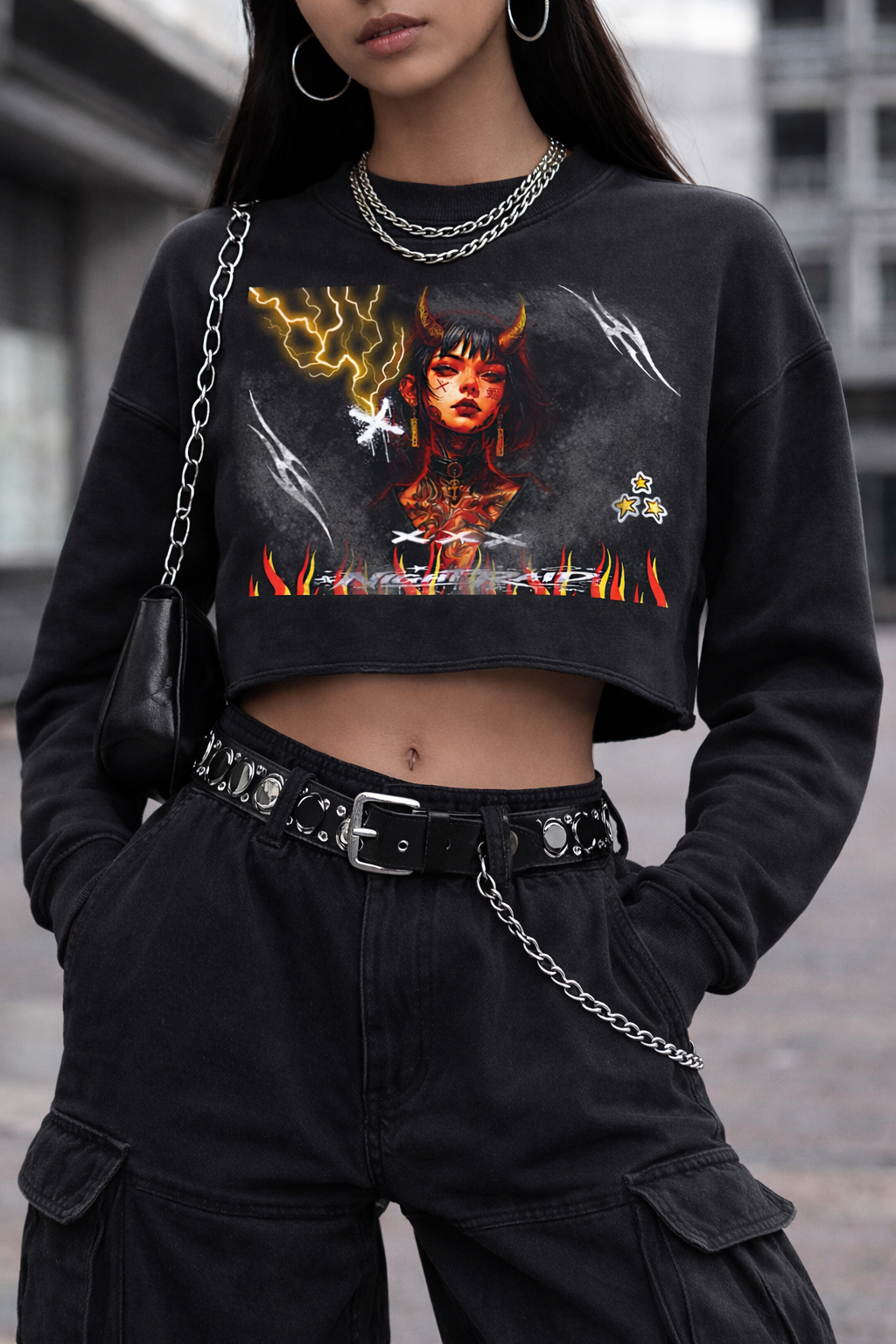 Snow Washed Graphic Raw Edge Cropped Sweatshirt