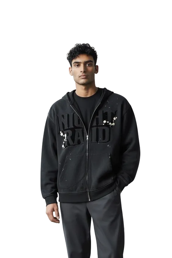 NightRaid “Obsidian Authority” Full-Zip Raw Edge Hoodie