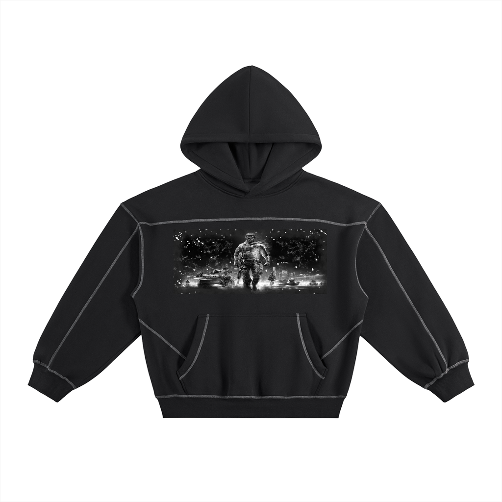 Contrast-Stitched Boxy Military Graphic Fleeced Hoodie