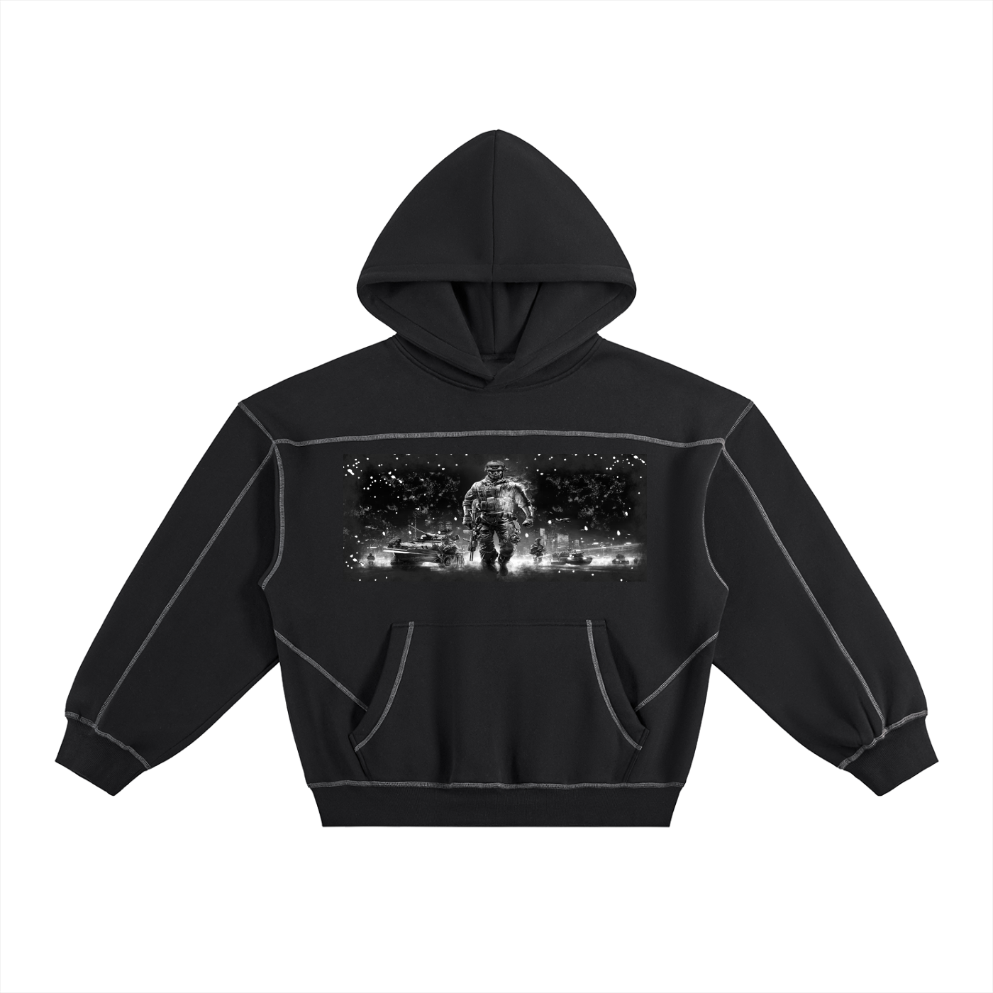 Contrast-Stitched Boxy Military Graphic Fleeced Hoodie