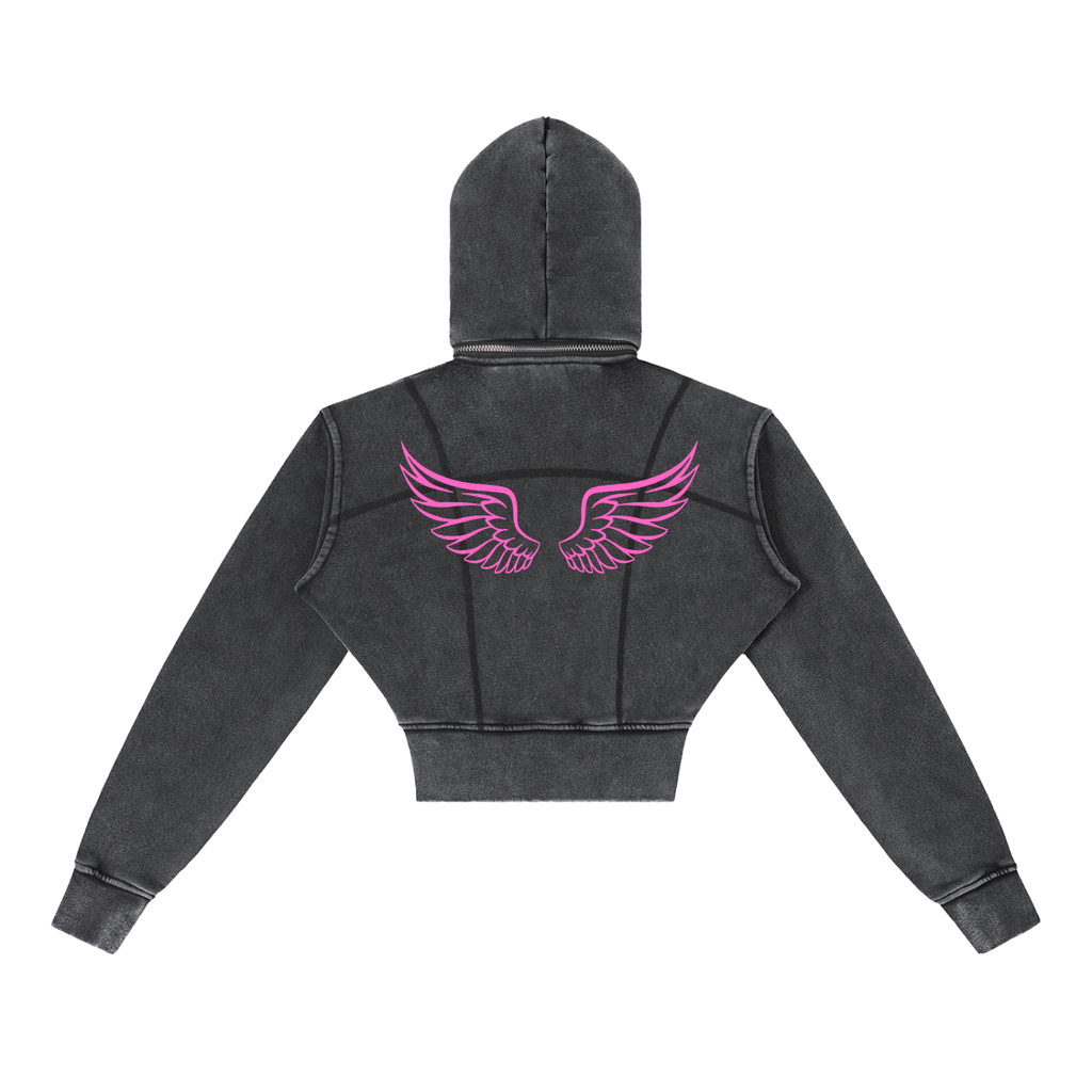 Gamer Girl Cropped Zip Up Hoodie Acid Wash with Pink Angel Wings