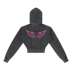 Gamer Girl Cropped Zip Up Hoodie Acid Wash with Pink Angel Wings