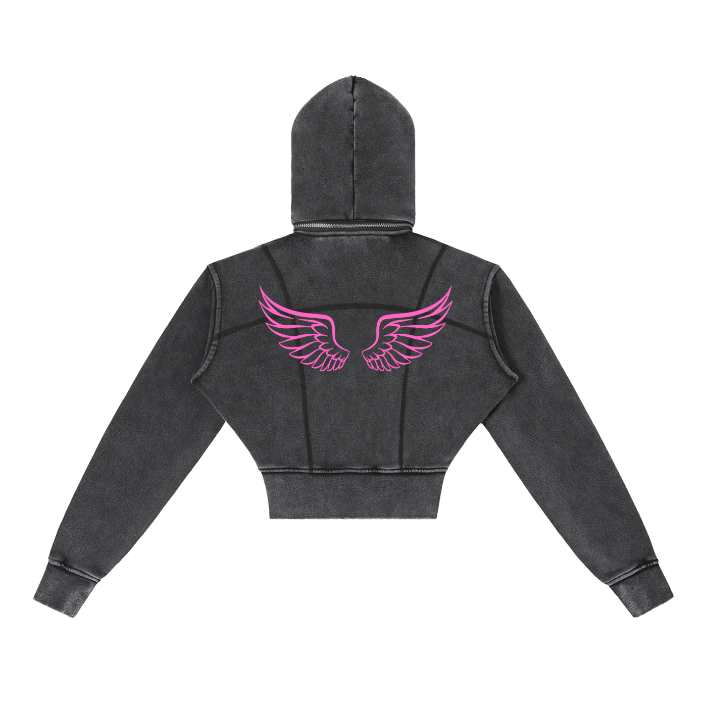 Gamer Girl Cropped Zip Up Hoodie Acid Wash with Pink Angel Wings