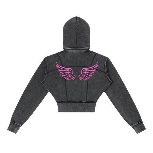 Gamer Girl Cropped Zip Up Hoodie Acid Wash with Pink Angel Wings