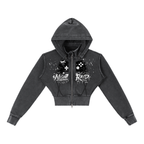 Gamer Girl Cropped Zip Up Hoodie with Angel Wings Acid Wash