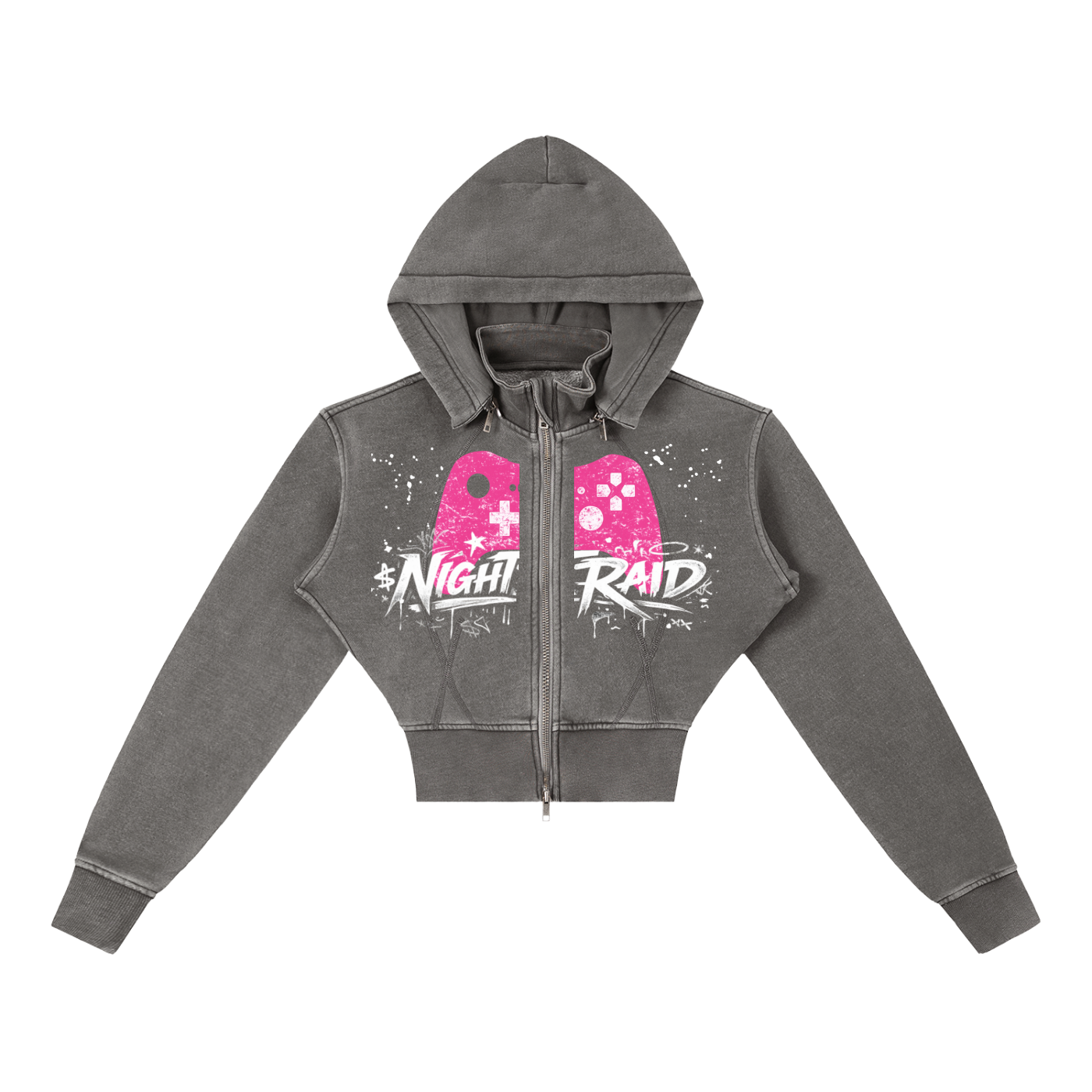 Gamer Girl Cropped Zip Up Hoodie Acid Wash with Pink Angel Wings