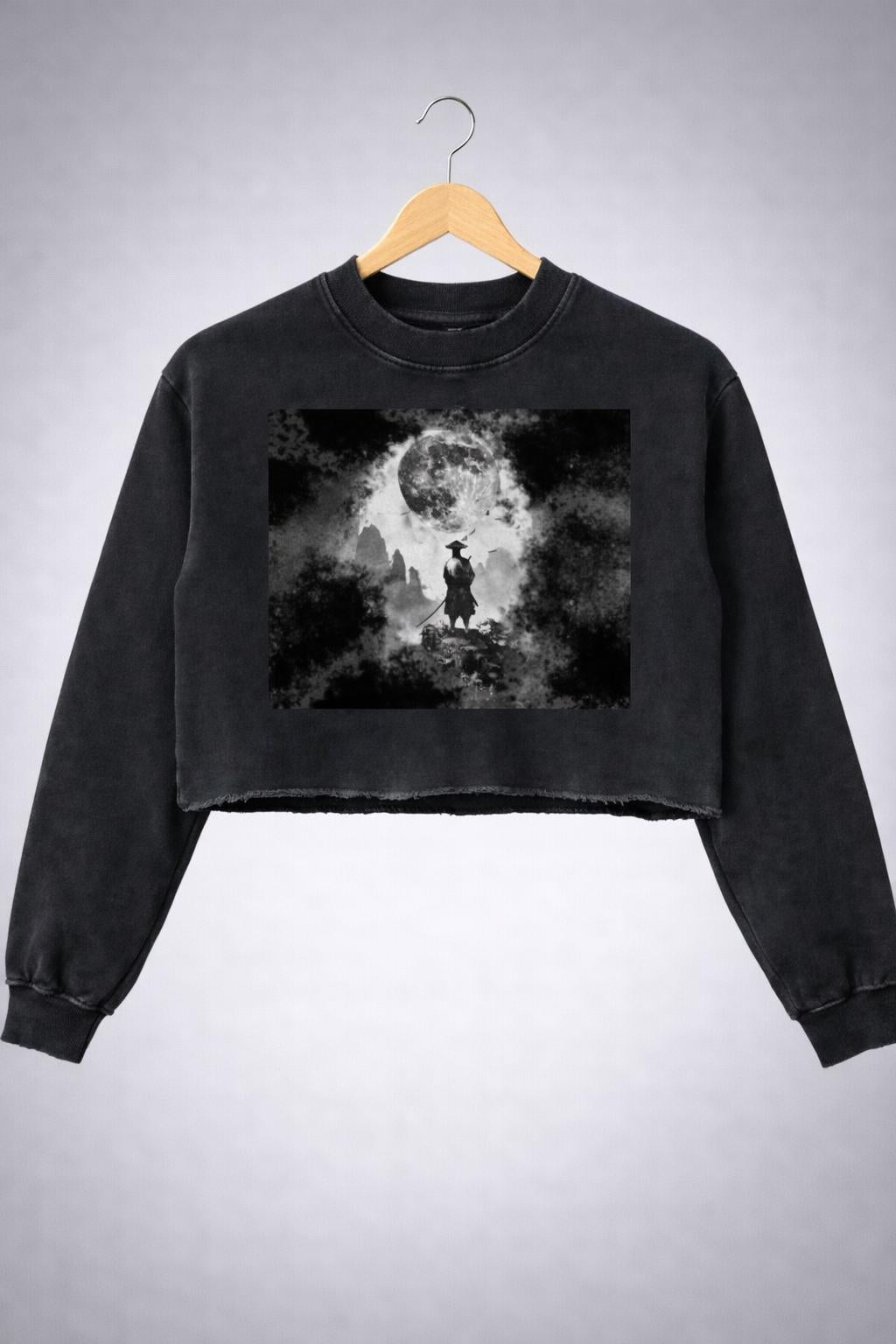 Gothic Samurai Moon Graphic Cropped Sweatshirt, Dark Aesthetic