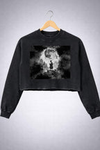 Gothic Samurai Moon Graphic Cropped Sweatshirt, Dark Aesthetic