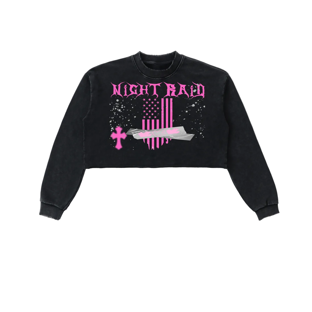 Snow Washed Graphic Raw Edge Cropped Sweatshirt