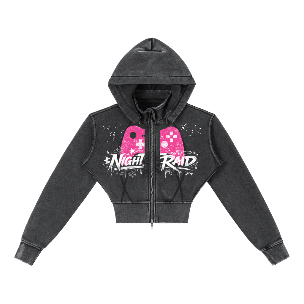 Gamer Girl Cropped Zip Up Hoodie Acid Wash with Pink Angel Wings