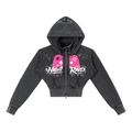 Gamer Girl Cropped Zip Up Hoodie Acid Wash with Pink Angel Wings