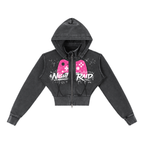 Gamer Girl Cropped Zip Up Hoodie Acid Wash with Pink Angel Wings